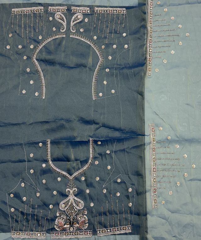 Teal Blue Pure Chandnia Silk Handwork Motif Peacock Pattern Crystal Beads Multi Thread Dori and Sequins Work Bridal Lehenga Choli