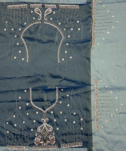 Teal Blue Pure Chandnia Silk Handwork Motif Peacock Pattern Crystal Beads Multi Thread Dori and Sequins Work Bridal Lehenga Choli