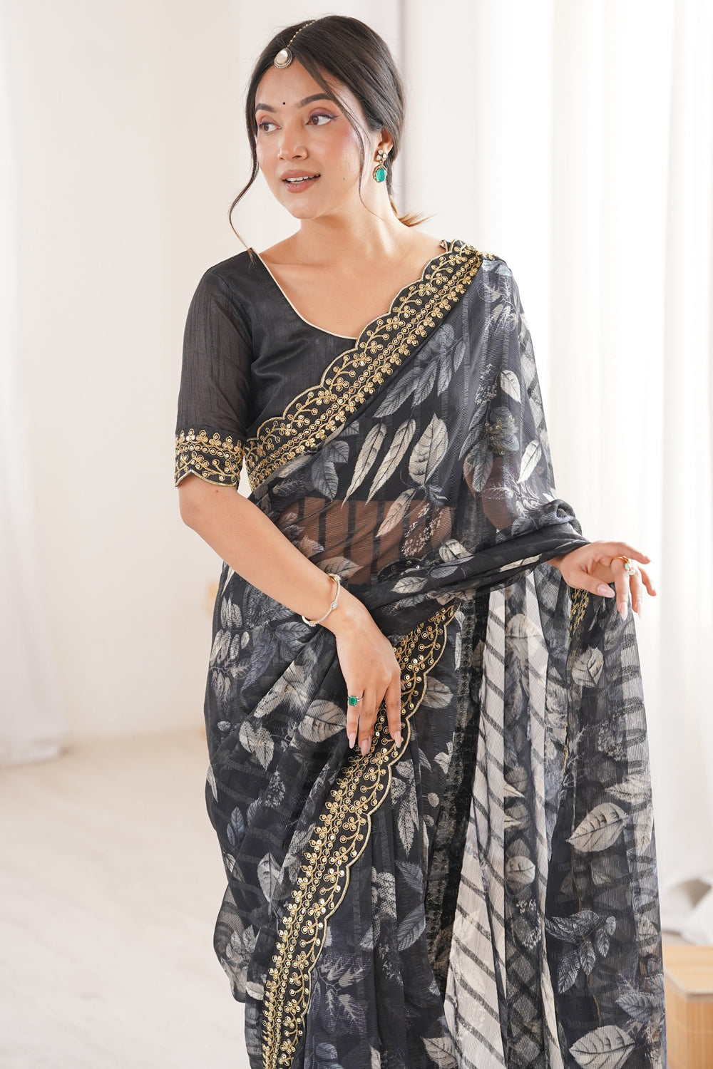 Black Pure Georgette Floral Print Sequins Saree 