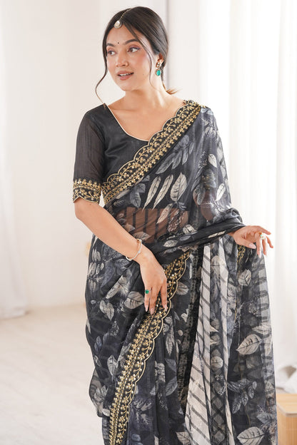 Black Pure Georgette Floral Print Sequins Saree 