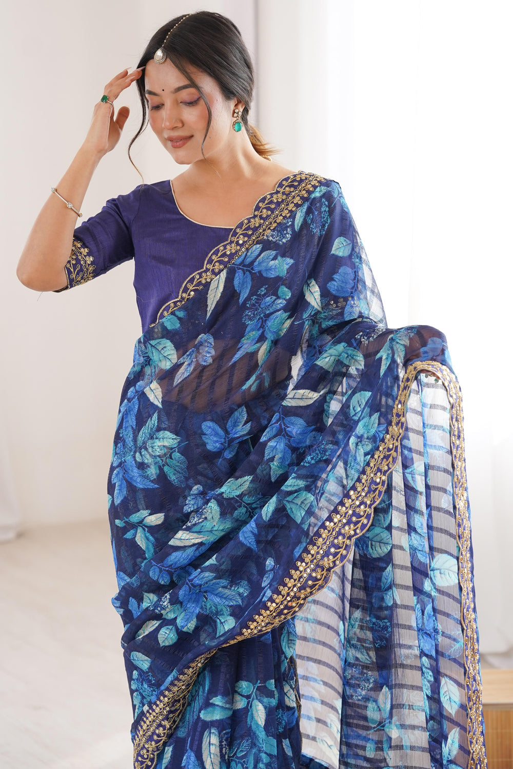 Blue Pure Georgette Floral Print Sequins Saree 
