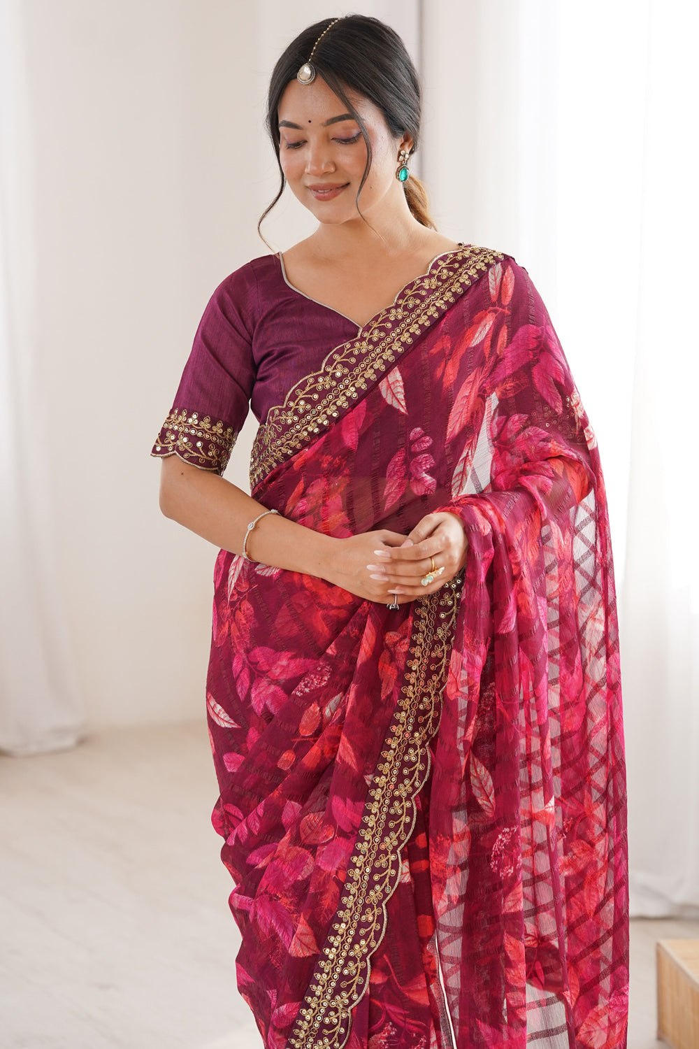 Wine Pure Georgette Floral Print Sequins Saree 