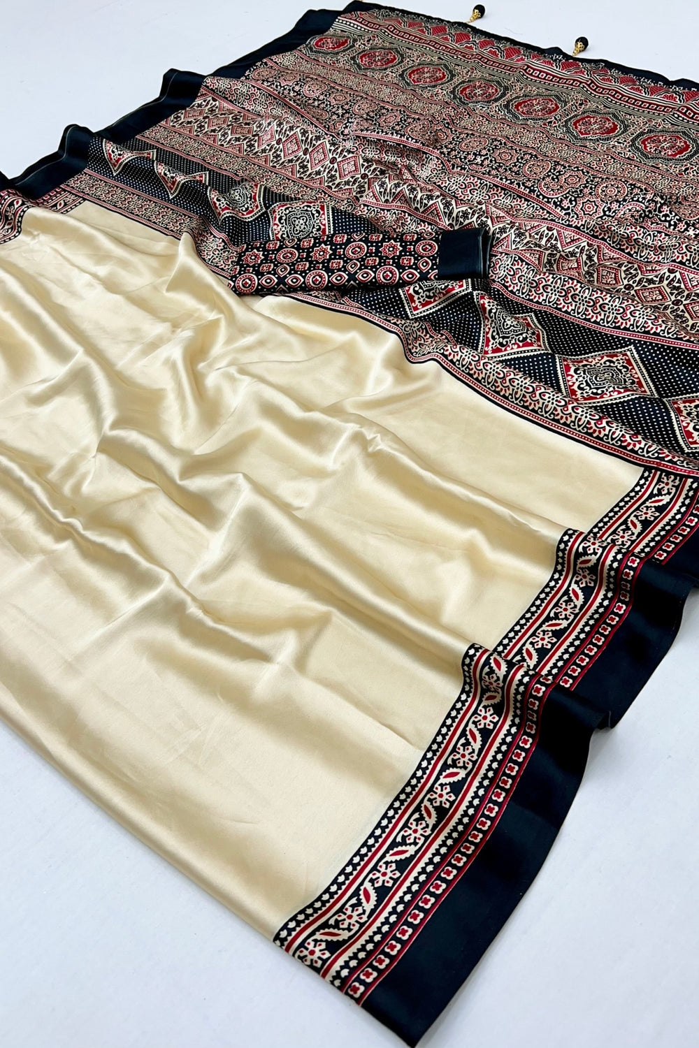 Bavarain Cream Pure Soft Modal Satin Ajrakh Print Satin Saree Japan Satin Saree Anant Tex Exports Pvt.Ltd..
