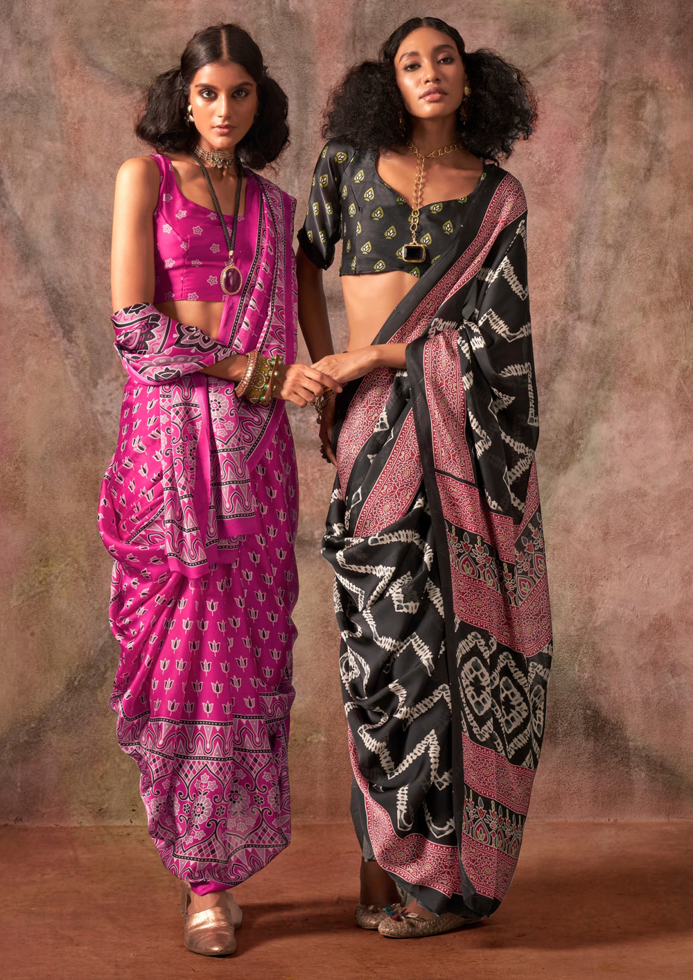 Black Raisins Ajrakh Printed Satin Georgette Silk Saree 