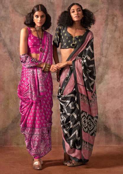 Black Raisins Ajrakh Printed Satin Georgette Silk Saree 