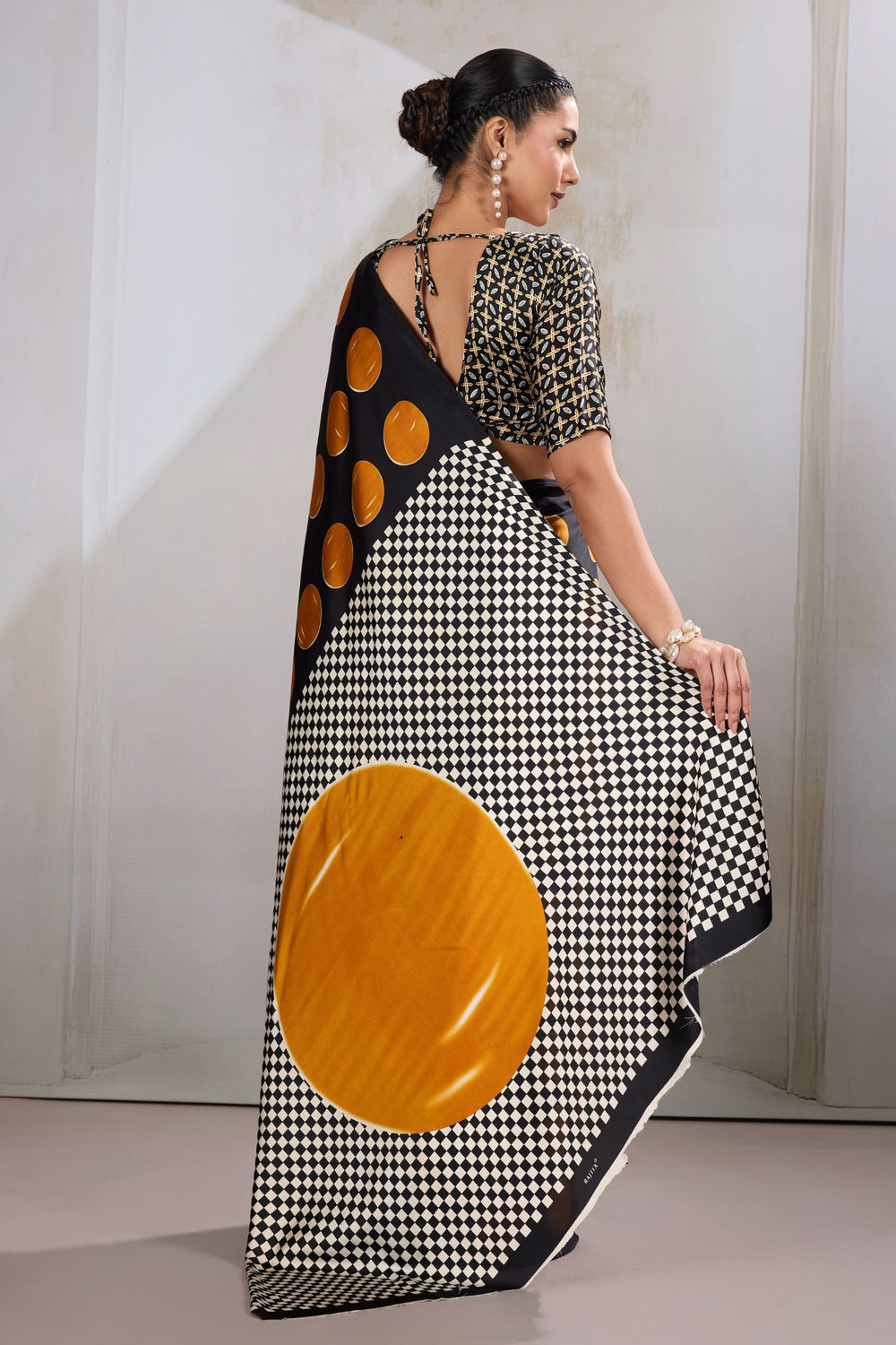 Orange Printed Polka Dots Satin Crepe Saree 