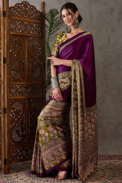 Berry Purple Pure Soft Modal Satin Ajrakh Print Satin Saree Japan Satin Saree Anant Tex Exports Pvt.Ltd..