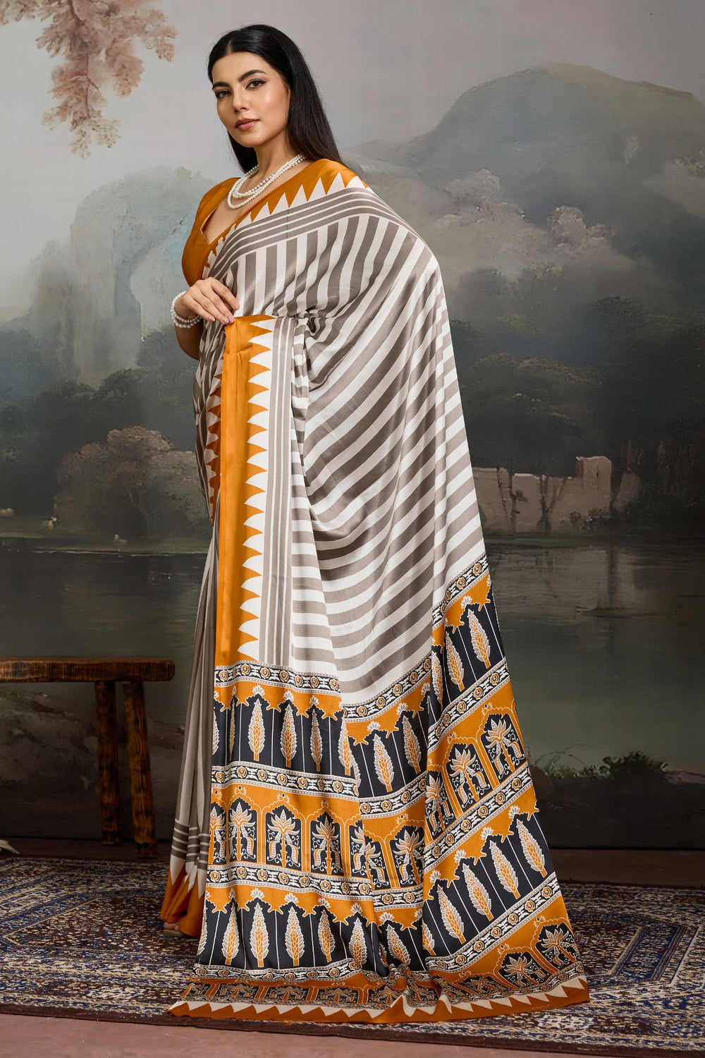 White and Yellow Pure Ajrakh Printed Satin Crepe Silk Saree ##color## Floral Printed Saree with premium fabric and embroidery