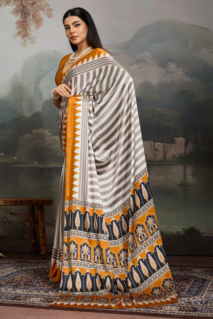 White and Yellow Pure Ajrakh Printed Satin Crepe Silk Saree 