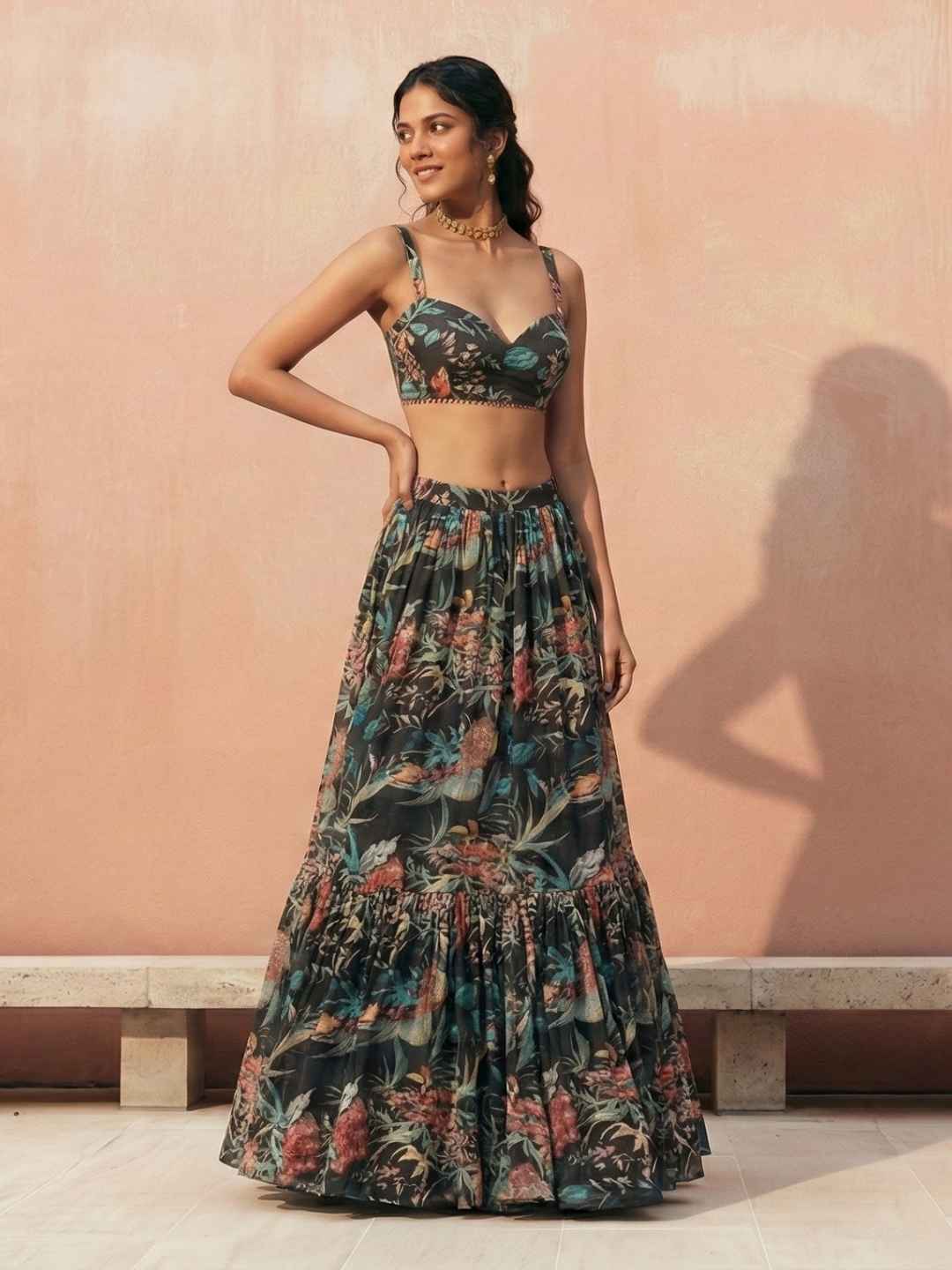 Black Floral Printed Georgette Lehenga Choli Set Crop-top Lehenga Choli Set Anant Tex Exports Pvt.Ltd..