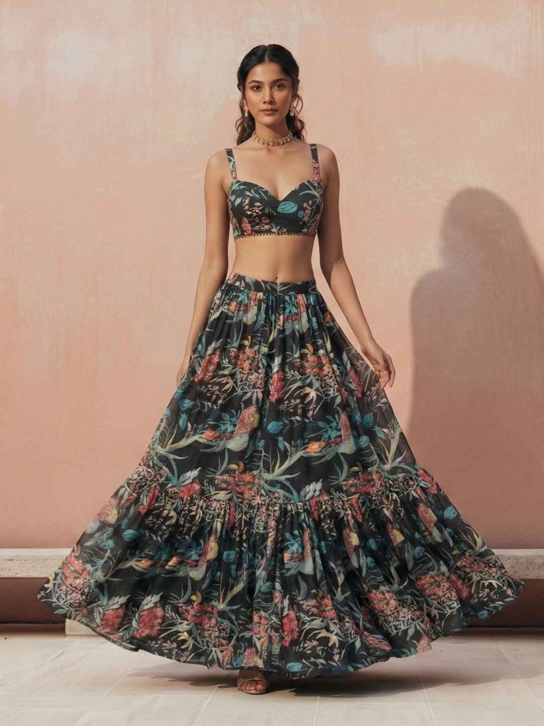 Black Floral Printed Georgette Lehenga Choli Set Crop-top Lehenga Choli Set Anant Tex Exports Pvt.Ltd..