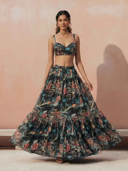 Black Floral Printed Georgette Lehenga Choli Set Crop-top Lehenga Choli Set Anant Tex Exports Pvt.Ltd..