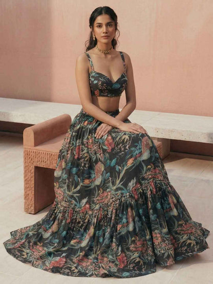 Black Floral Printed Georgette Lehenga Choli Set Crop-top Lehenga Choli Set Anant Tex Exports Pvt.Ltd..