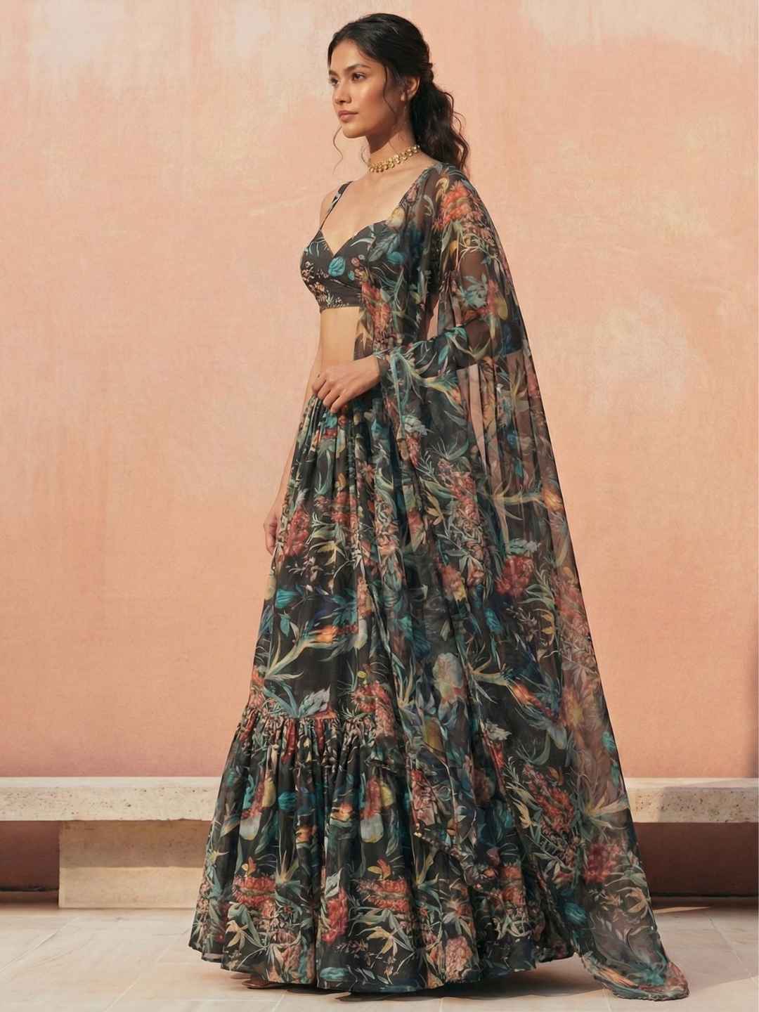 Black Floral Printed Georgette Lehenga Choli Set Crop-top Lehenga Choli Set Anant Tex Exports Pvt.Ltd..