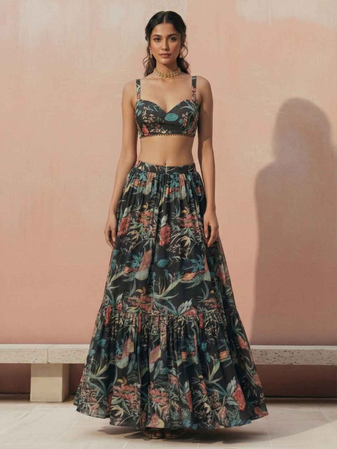 Black Floral Printed Georgette Lehenga Choli Set Crop-top Lehenga Choli Set Anant Tex Exports Pvt.Ltd..