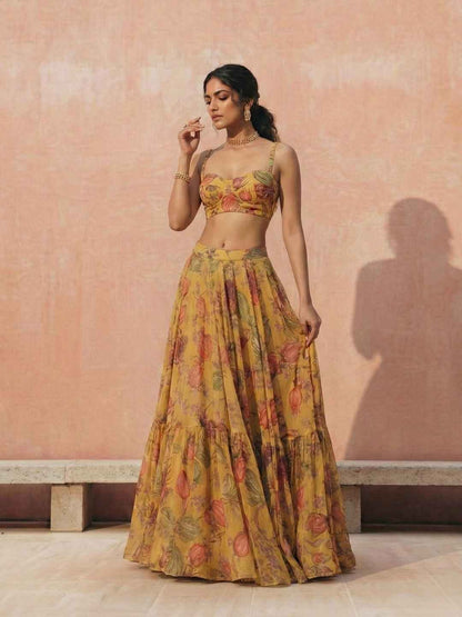 Yellow Floral Georgette Lehenga Choli with Dupatta Crop-top Lehenga Choli Set Anant Tex Exports Pvt.Ltd..