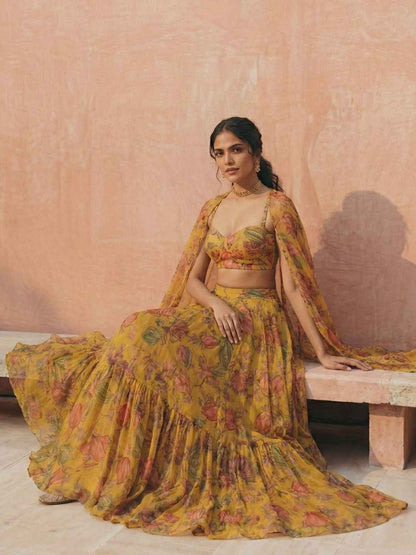 Yellow Floral Georgette Lehenga Choli with Dupatta Crop-top Lehenga Choli Set Anant Tex Exports Pvt.Ltd..