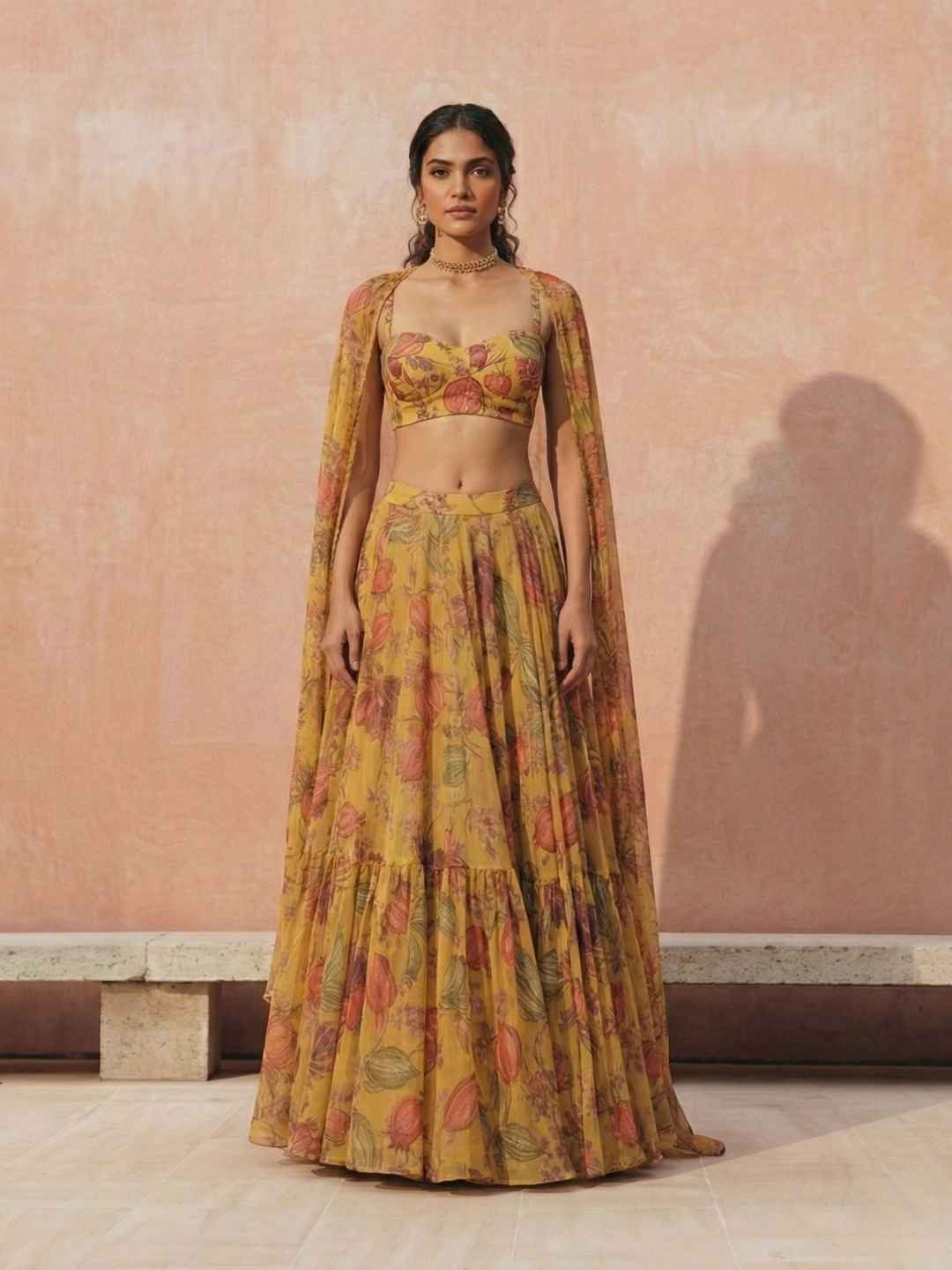 Yellow Floral Georgette Lehenga Choli with Dupatta Crop-top Lehenga Choli Set Anant Tex Exports Pvt.Ltd..