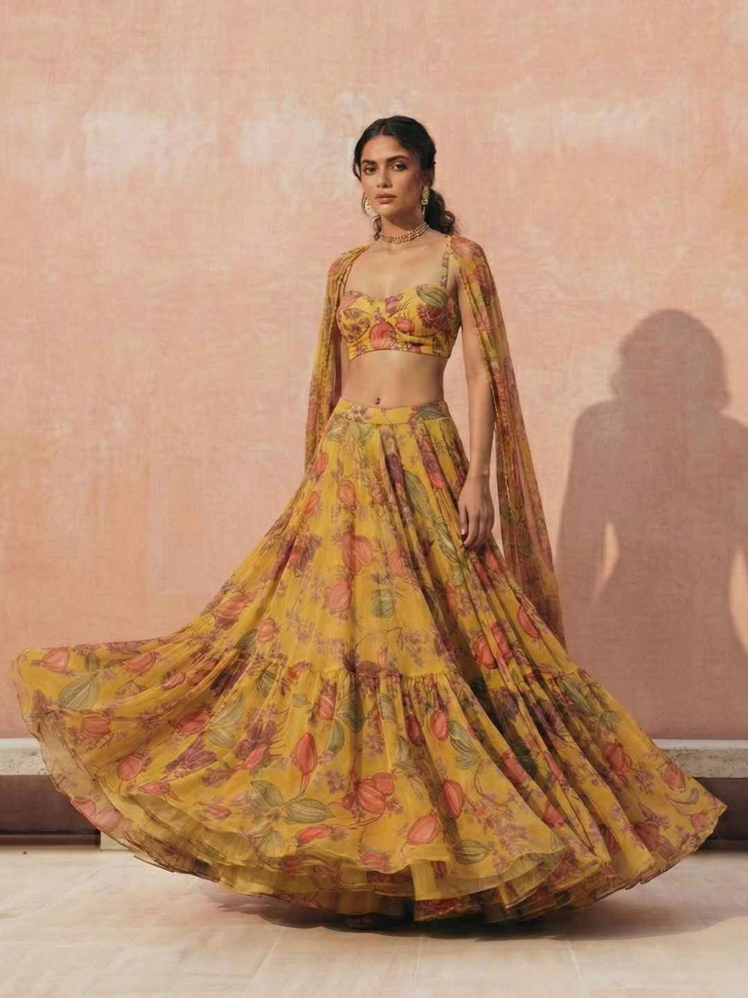 Yellow Floral Georgette Lehenga Choli with Dupatta Crop-top Lehenga Choli Set Anant Tex Exports Pvt.Ltd..