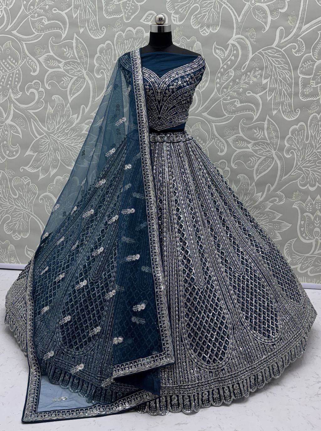 Rama Blue Pure Soft Net Heavy Embroidery Work Bridal Lehenga