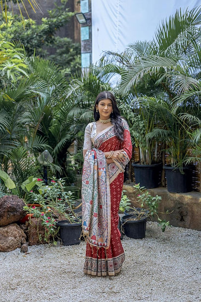 Red Pure Soft Tussar Silk Madhubani Saree Tussar Saree Anant Tex Exports Pvt.Ltd..