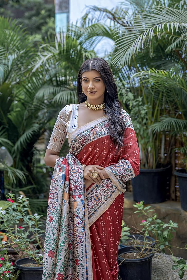 Red Pure Soft Tussar Silk Madhubani Saree