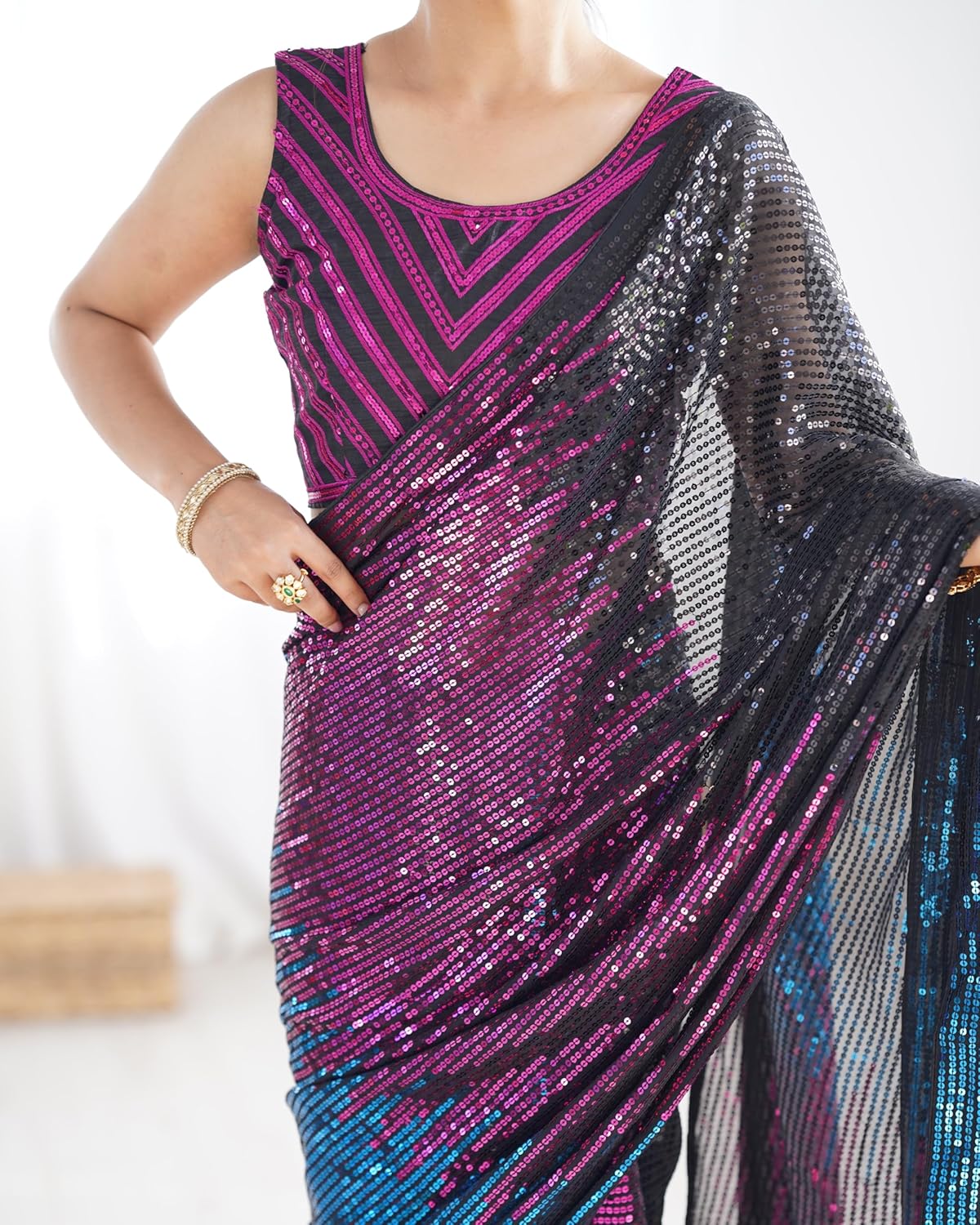 Multicolour Pure Heavy Georgette Sequins Saree