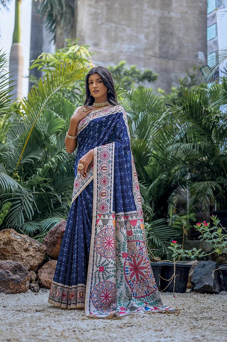 Blue Pure Soft Tussar Silk Madhubani Saree