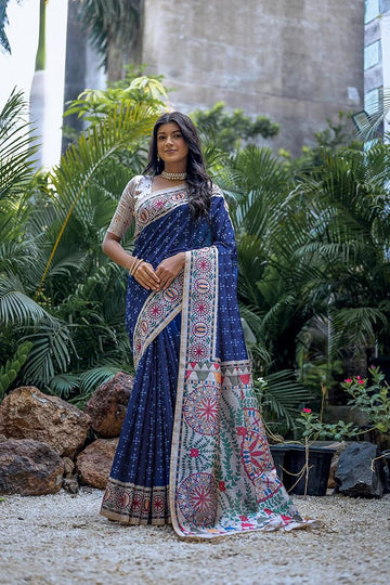 Blue Pure Soft Tussar Silk Madhubani Saree