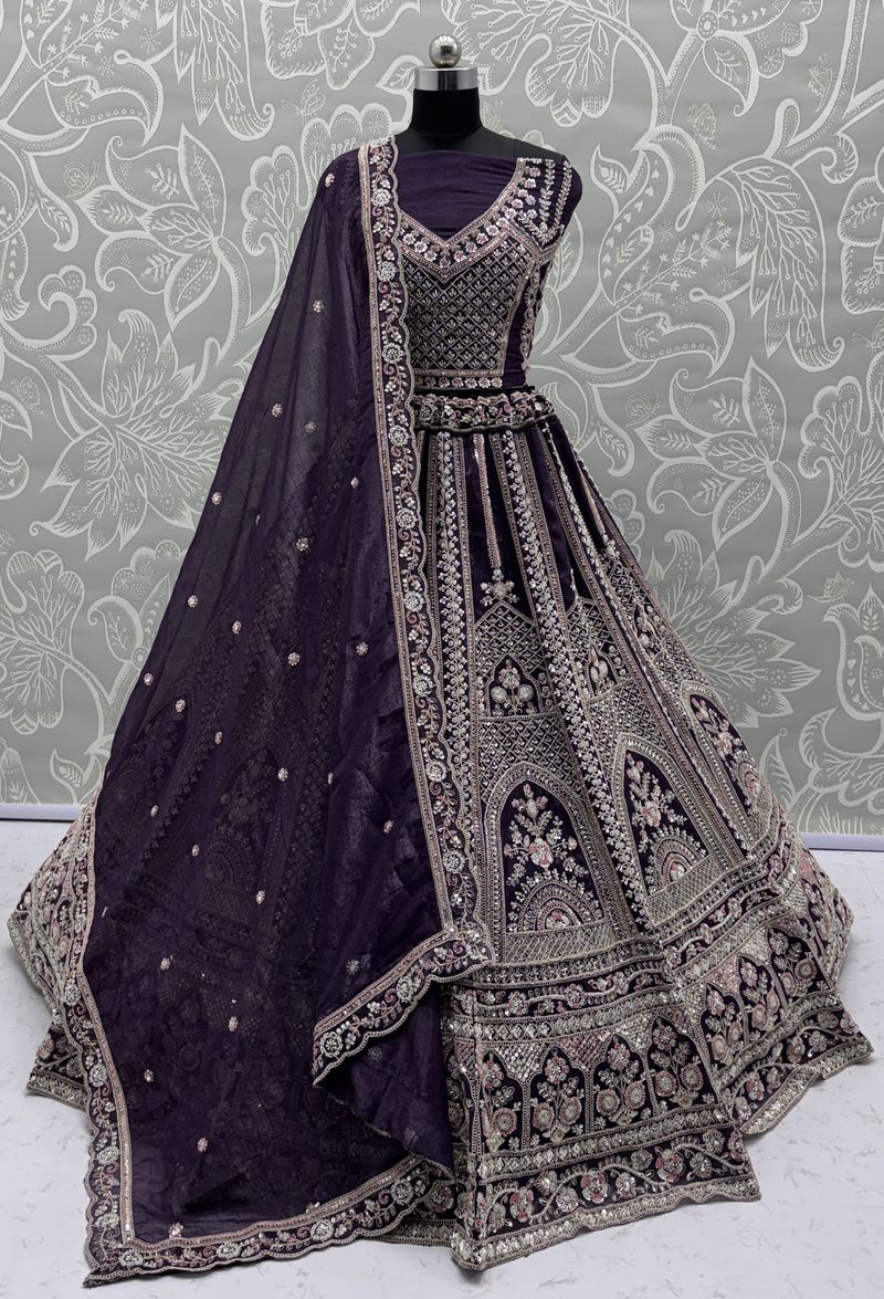 Purple Pure Soft Satin Silk Heavy Embroidery Work Bridal Lehenga