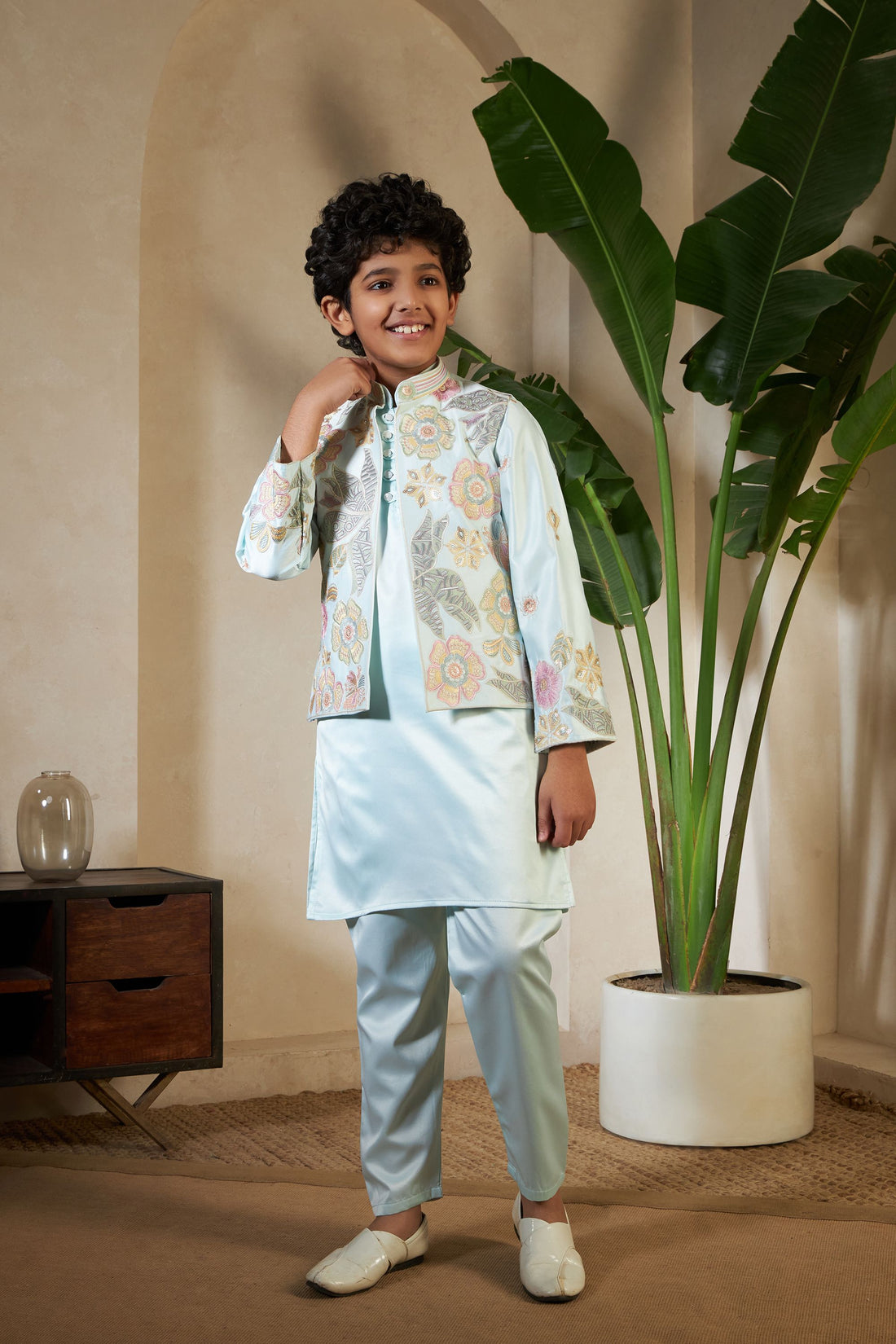 Pista Pure Satin Silk Kids Boy Kurta Pajama With Koti Jacket 