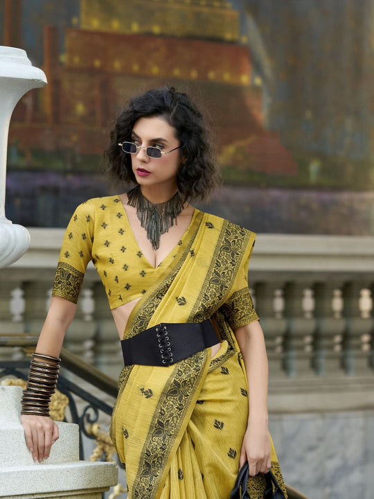 Yellow Tussar Linen Handloom Silk With Weaving Silk Saree 