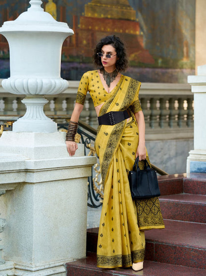 Yellow Tussar Linen Handloom Silk With Weaving Silk Saree 