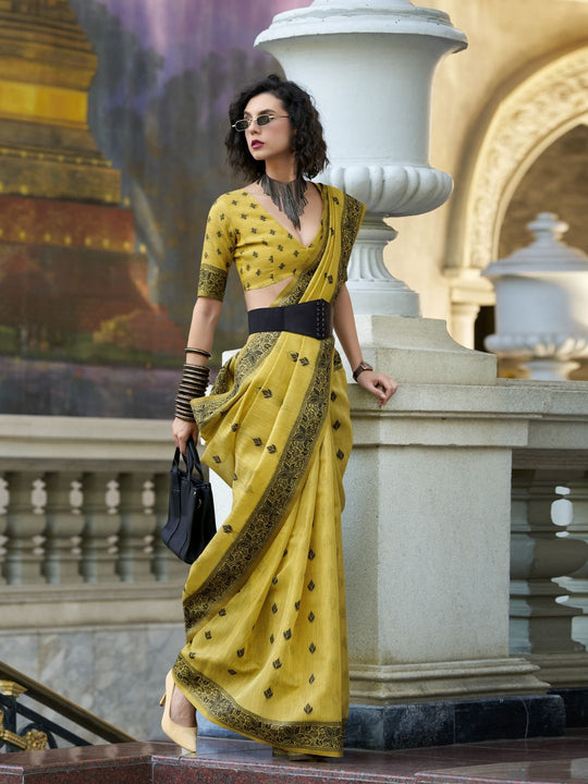 Yellow Tussar Linen Handloom Silk With Weaving Silk Saree 