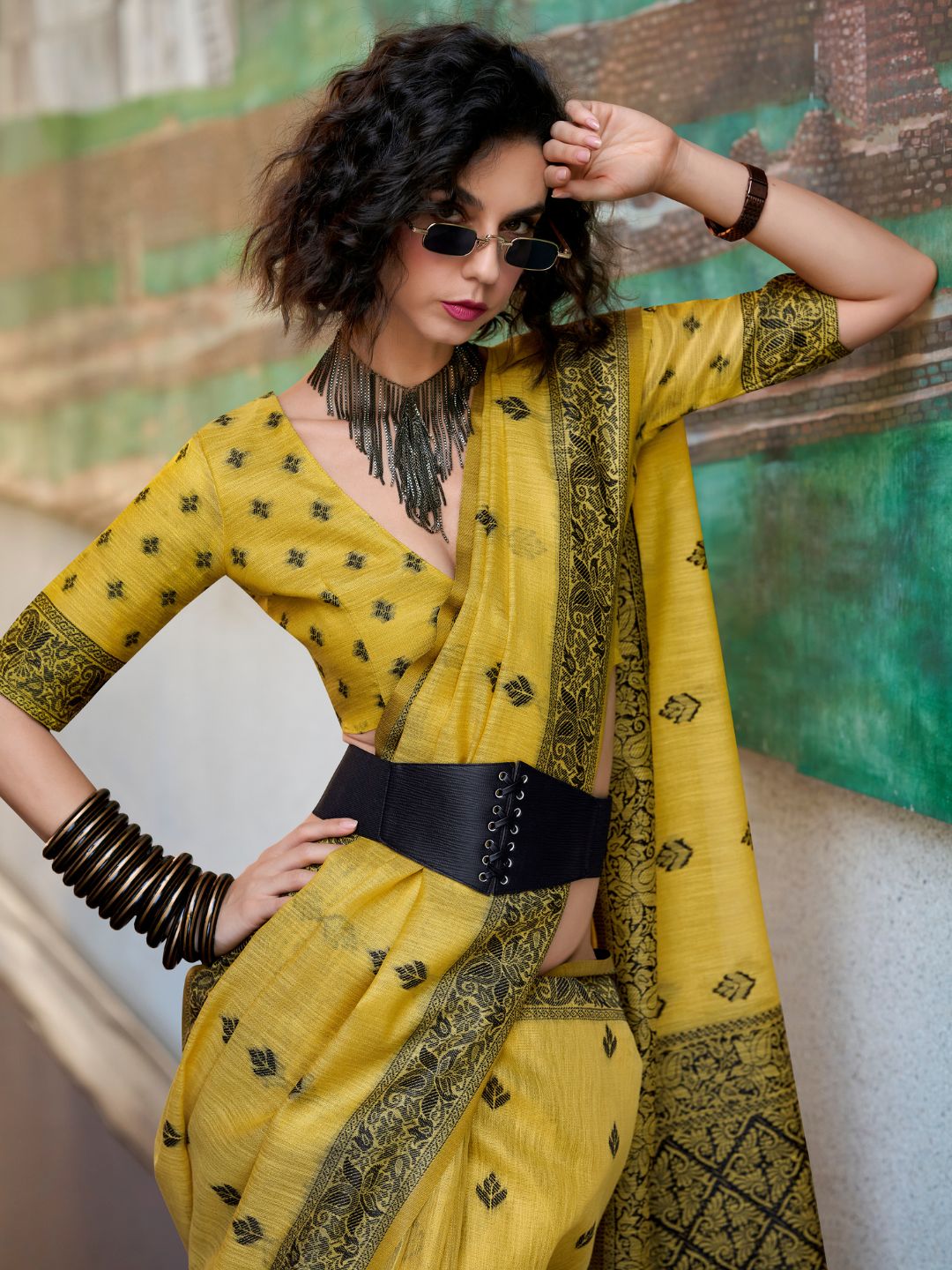 Yellow Tussar Linen Handloom Silk With Weaving Silk Saree 
