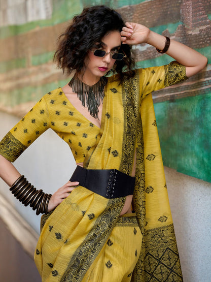 Yellow Tussar Linen Handloom Silk With Weaving Silk Saree 
