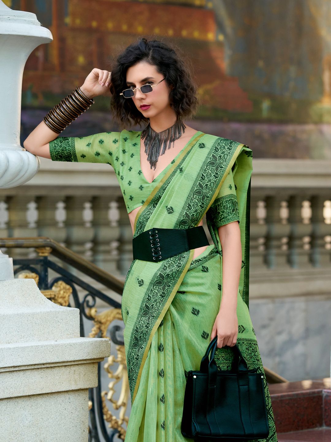 Green Pure Tussar Linen Handloom Silk With Weaving Silk Saree