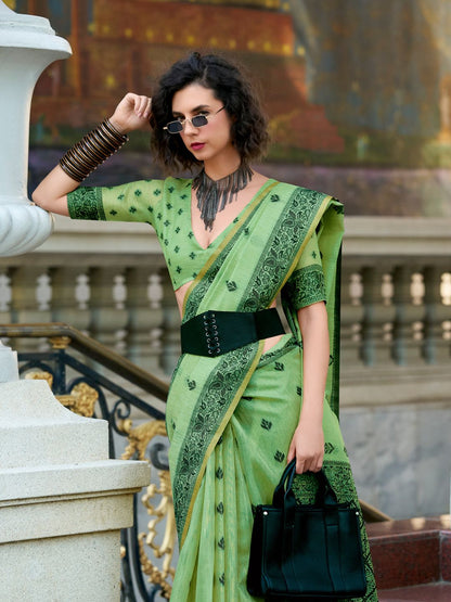 Green Pure Tussar Linen Handloom Silk With Weaving Silk Saree 