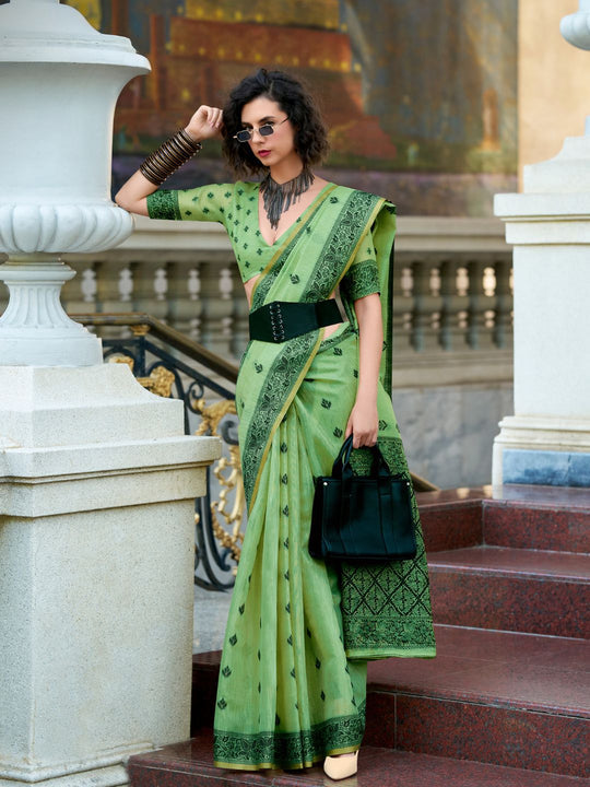 Green Pure Tussar Linen Handloom Silk With Weaving Silk Saree