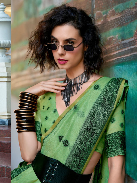 Green Pure Tussar Linen Handloom Silk With Weaving Silk Saree 