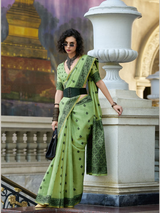 Green Pure Tussar Linen Handloom Silk With Weaving Silk Saree