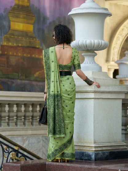 Green Pure Tussar Linen Handloom Silk With Weaving Silk Saree 