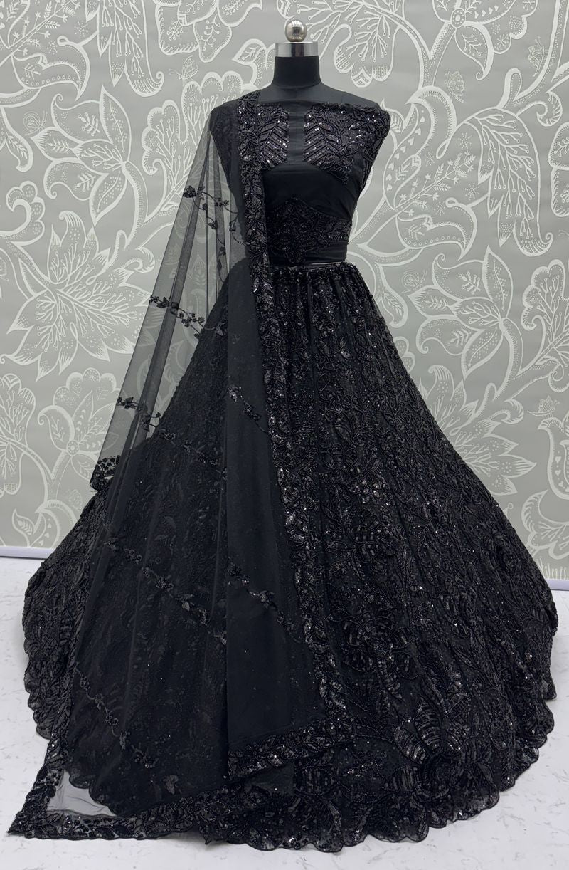Black Pure Soft Net Heavy Embroidery Work Bridal Lehenga