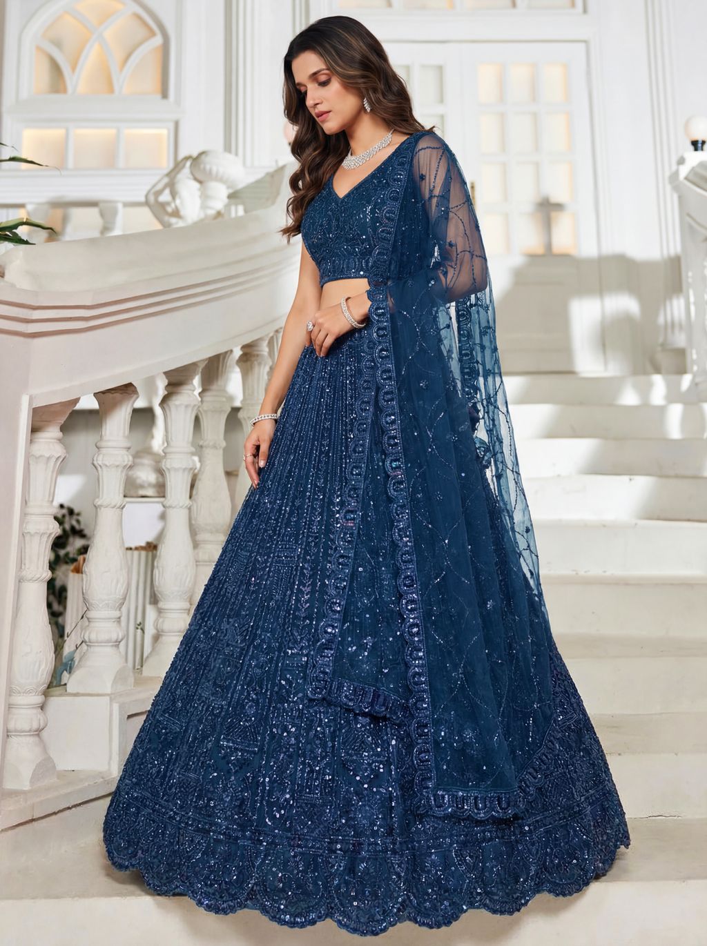 Blue Pure Soft Net Heavy Embroidery Work Bridal Lehenga 