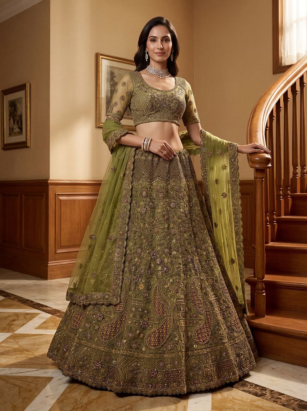 Pista Pure Soft Heavy Net Sequins Embroidery Work Bridal Lehenga 