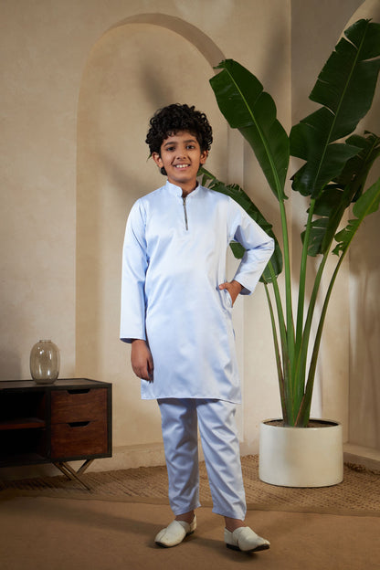 Sky Pure Satin Silk Kids Boy Kurta Pajama With Koti Jacket 