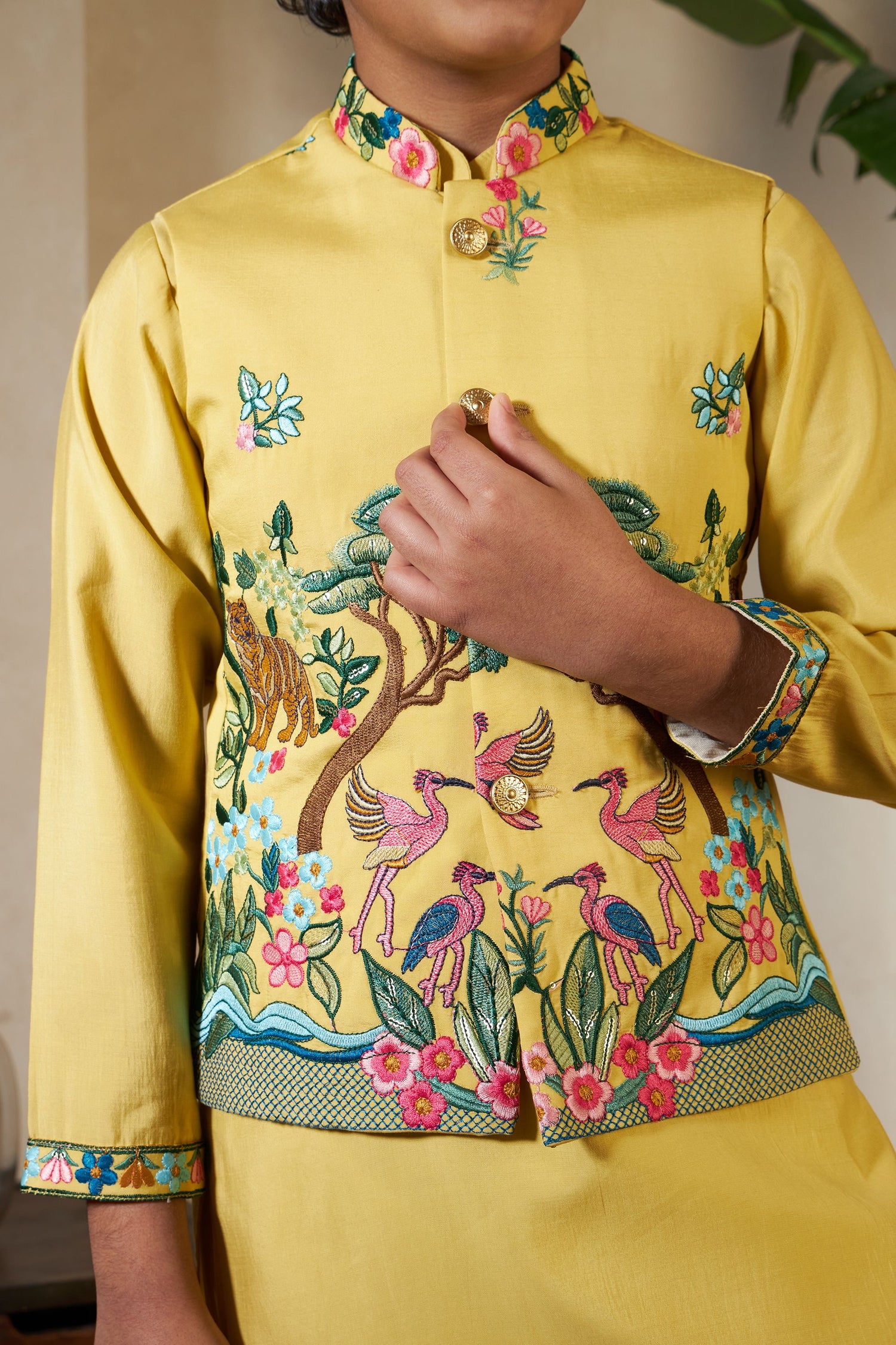 Yellow Pure Viscose Silk Silk Kids Boy Kurta Pajama With Koti Jacket 