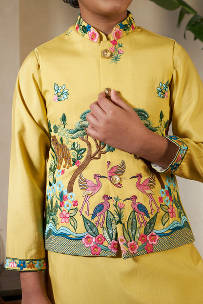 Yellow Pure Viscose Silk Silk Kids Boy Kurta Pajama With Koti Jacket 
