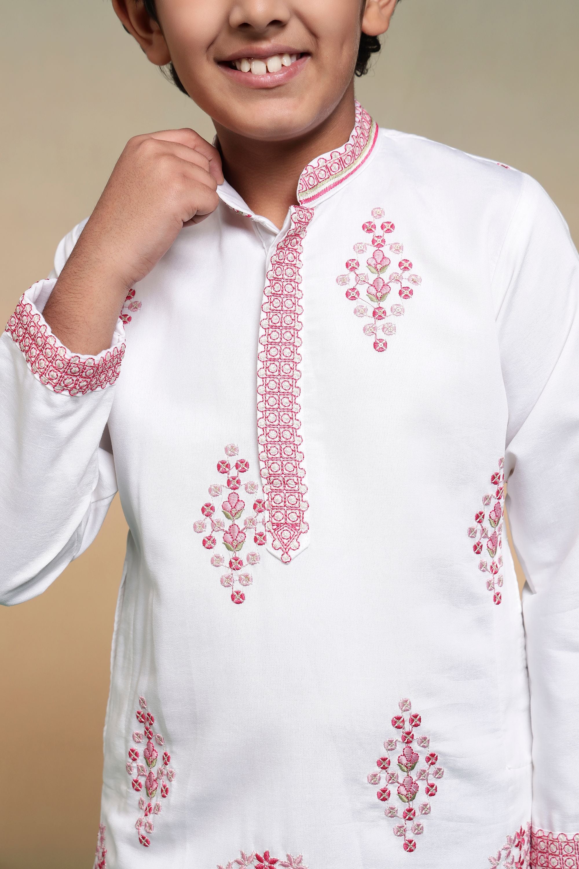 White Pure Viscose Silk Kids Boy Kurta Pajama 