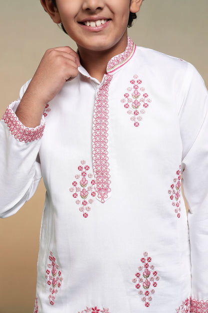 White Pure Viscose Silk Kids Boy Kurta Pajama 